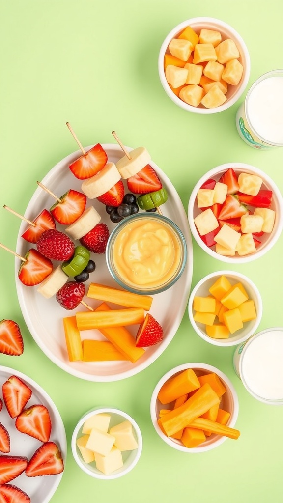 Colorful preschool snacks including fruit skewers, vegetable sticks, cheese cubes, and yogurt cups on a bright table.